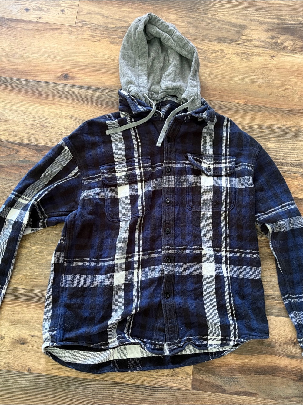 American Eagle Outfitters Navy and Gray Plaid Hooded Button-Down Shirt